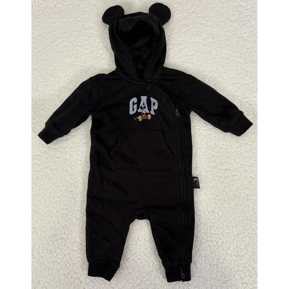 Gap x Disney Mickey Mouse Ear Hooded Romper Black Baby 3-6 Months Jumpsuit